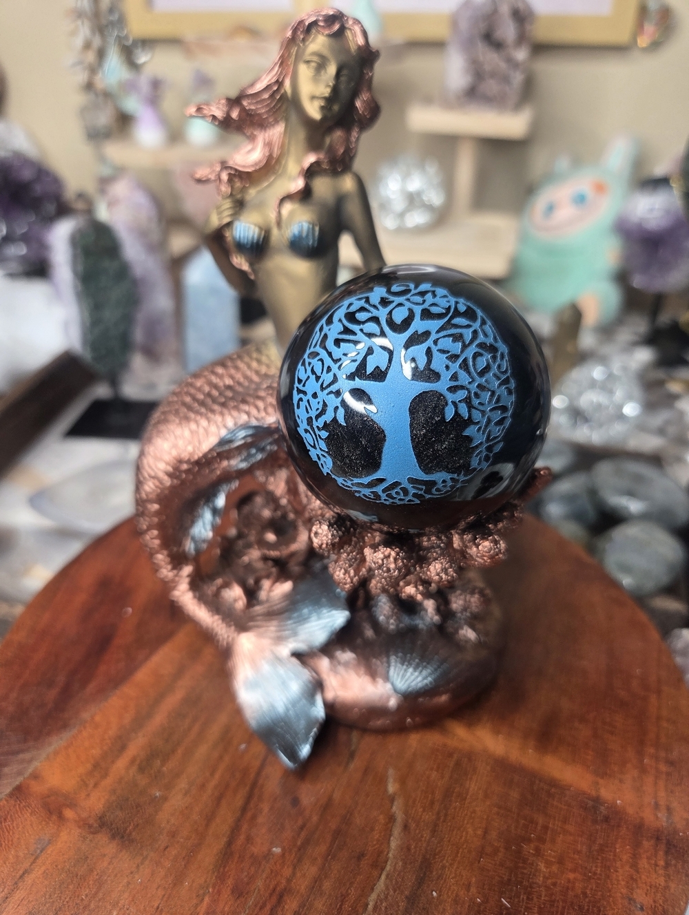 Silver Sheen Obsidian Sphere With Blue Tree